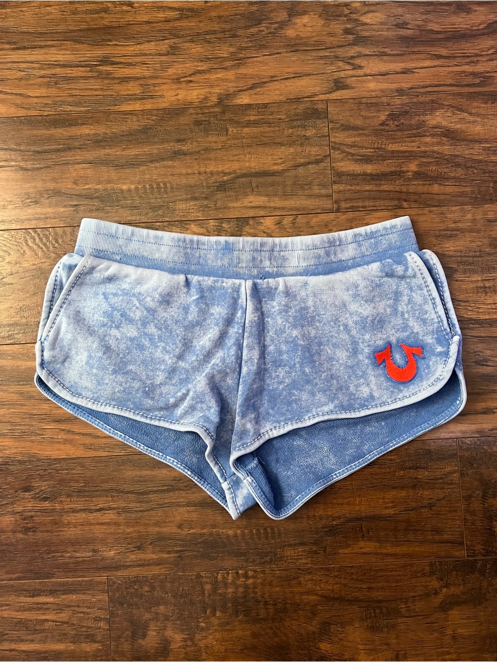 True Religion Light Blue Washed Terry Athletic Shorts with Red Horseshoe